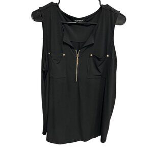 Ellen Tracy Womens Blouse Black Sleeveless Zip Front Pockets Career Chic
